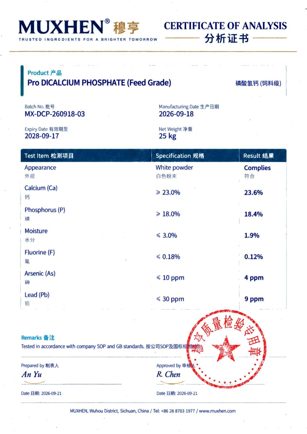 Dicalcium Phosphate (DCP) Feed Grade — COA